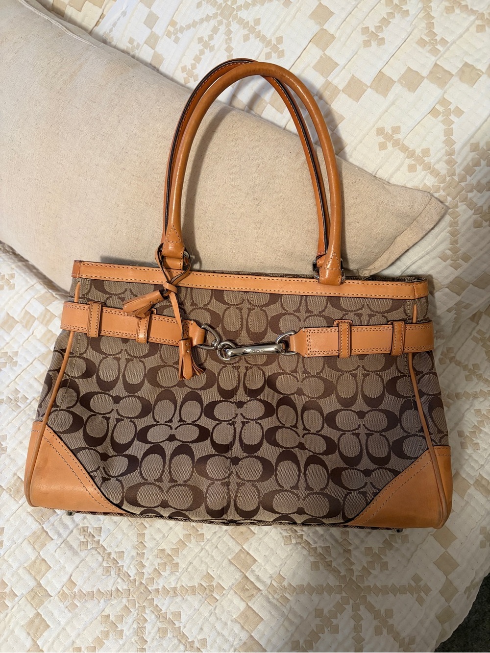 Coach Brown Signature Satchel with Tan Leather Trim